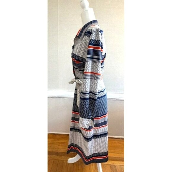 Vintage Alta Costura Long-Sleeve Striped Pattern Collared Midi Dress With Belt - Picture 6 of 10